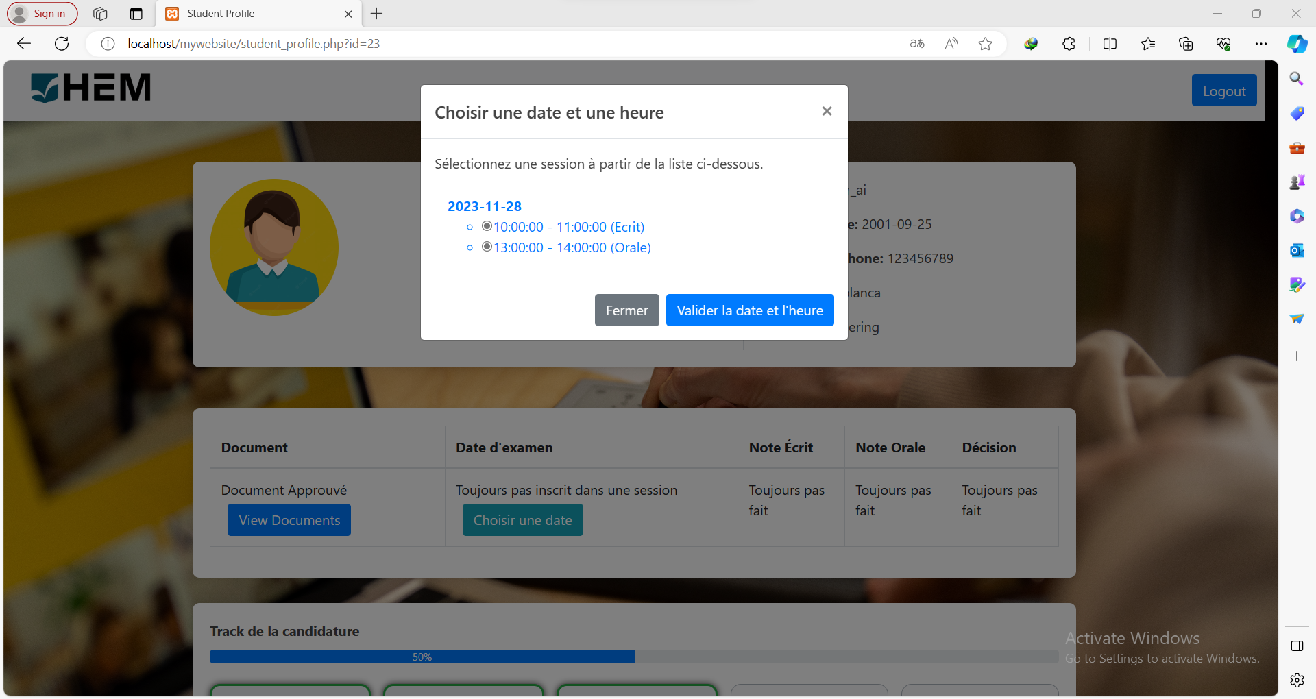 Exam Session Selection
