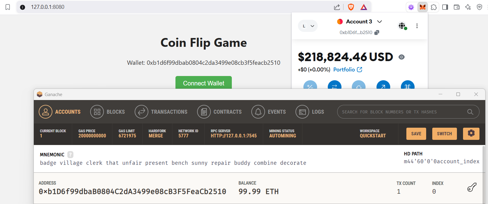 Connected with the Address and ETH Available