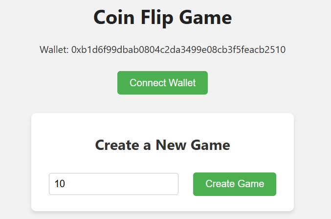 Creating a New Game with Entrance Fee of 10ETH