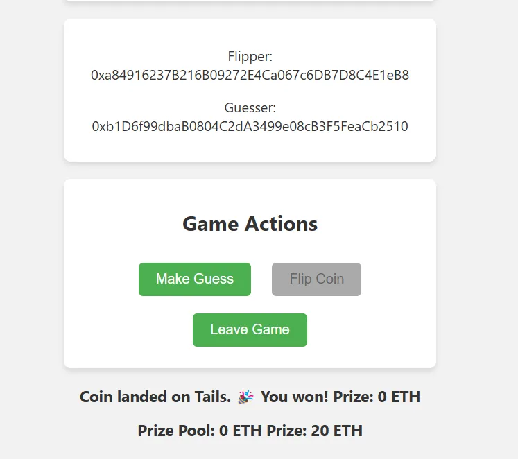 Address Updated with +10ETH for Player 1 and -10ETH for Player 2