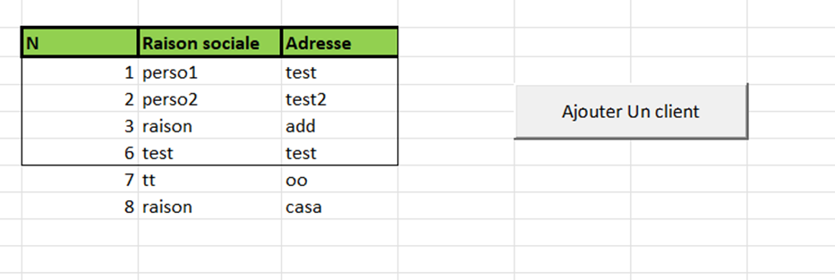 Client Table in Excel